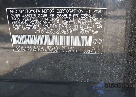 2009 Lexus Es 350 z USA, uszkodzony, nr VIN JTHBJ46G892298301